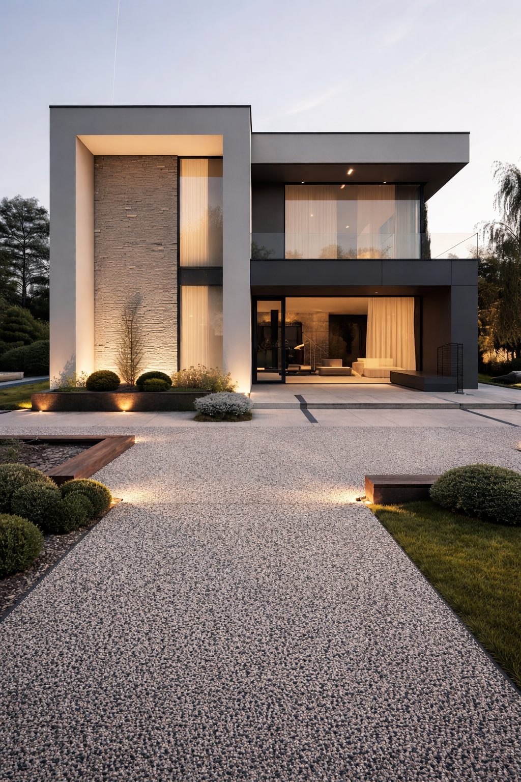 Современный двор с каменным покрытием